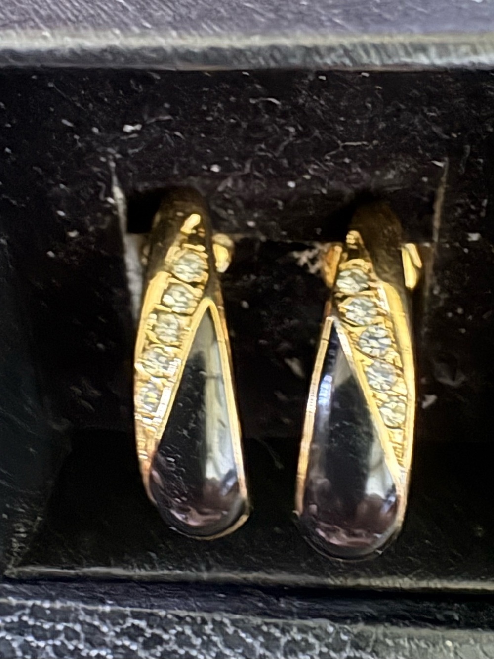 Vintage Trifari Gold & Black Enamel Teardrop Crystal Hoop Earrings Art Deco